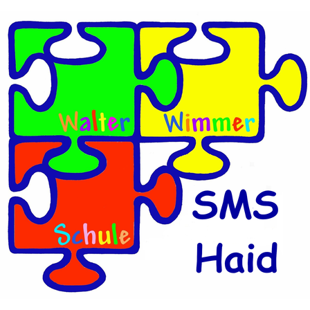 Ein farbenfrohes Puzzle mit Teilen, die Walter, Wimmer, SMS und Schule Haid beschriften. Jedes Teil ist in einer anderen Farbe.
