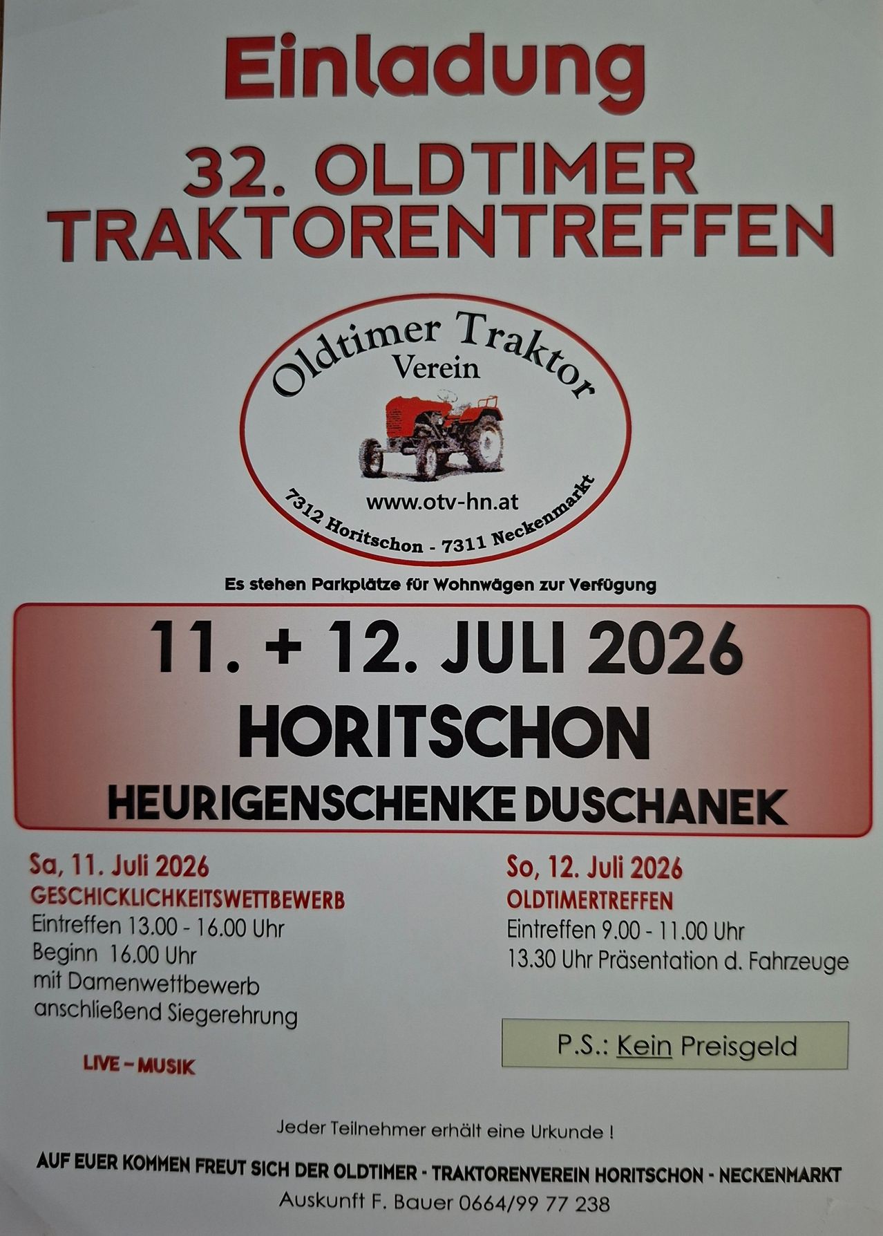 Plakat für das 32. Oldtimer Traktorentreffen am 11. und 12. Juli 2026. Die Veranstaltung hat zwei Termine, einen am Samstag und einen am Sonntag. An beiden Tagen gibt es Öffnungszeiten, Veranstaltungszeiten und Schließzeiten.