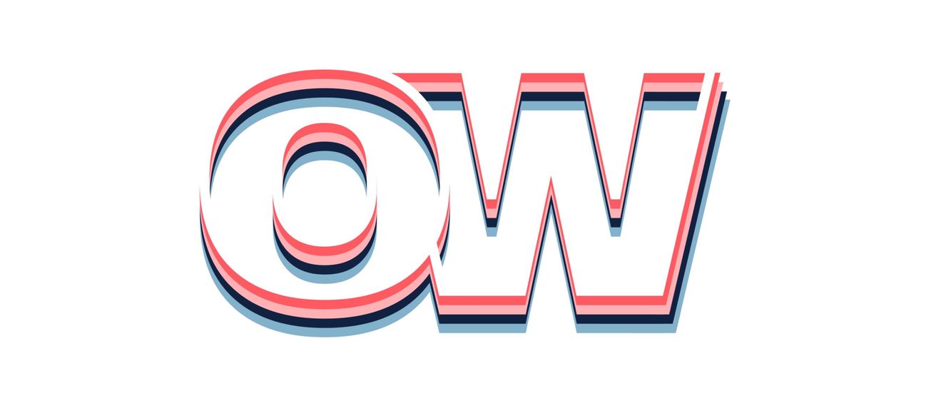 Das Wort 'OW' wird in rosa, blau und weiß mit dickem Umriss dargestellt. Das 'O' ist stilisiert mit überlappenden Kurven. Das 'W' hat ein modernes, grafisches Design.