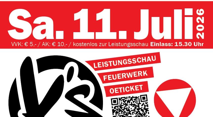 Feldbach-Veranstaltungsposter für den 11. Juli 2026. Eintrittspreis ist €5, €10 mit Alkohol. Die Aufführung beginnt um 15:30. Logo und QR-Code vorhanden.