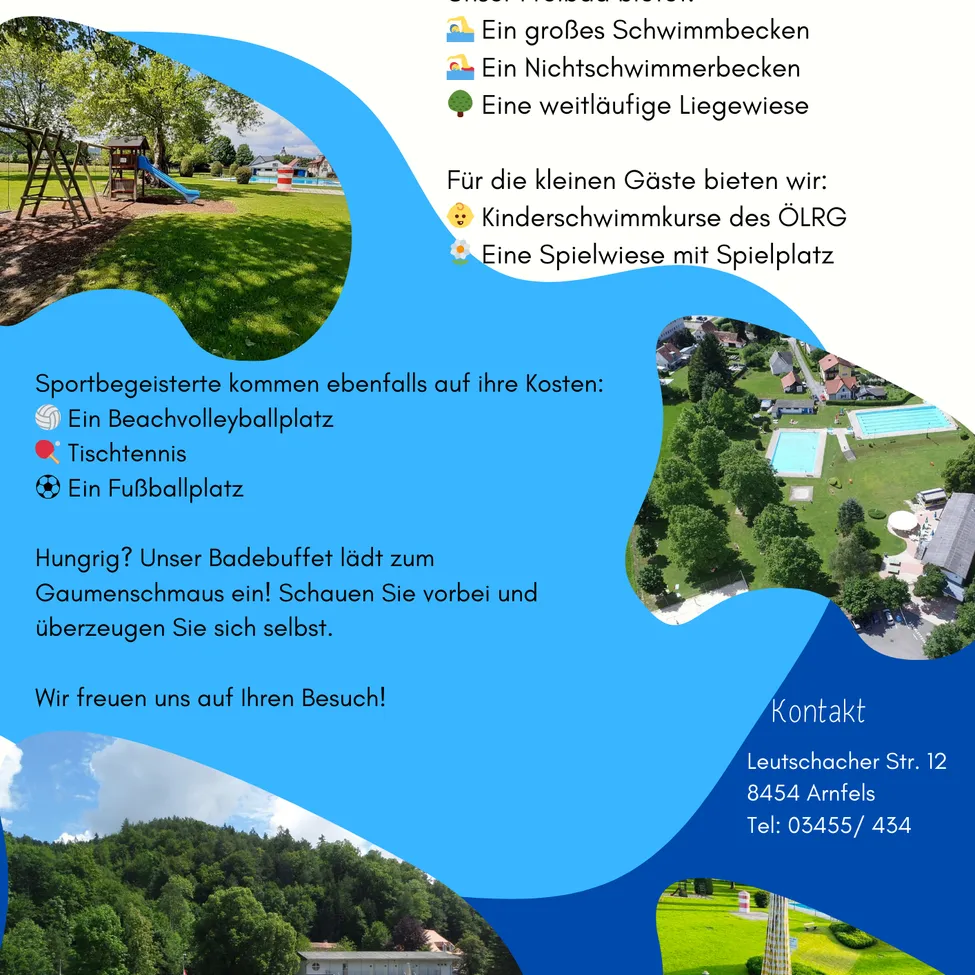 Das Bild zeigt einen Freizeitbereich mit Annehmlichkeiten wie einem großen Schwimmbecken, einem Nachtschwimmbecken und einer Liegewiese. Es bietet Kinderschwimmkurse, einen Spielplatz und Sportanlagen wie einen Beachvolleyballplatz, Tischtennis und einen Fußballplatz. Der Ort lädt Besucher ein, in seinem Speisebuffet zu essen.