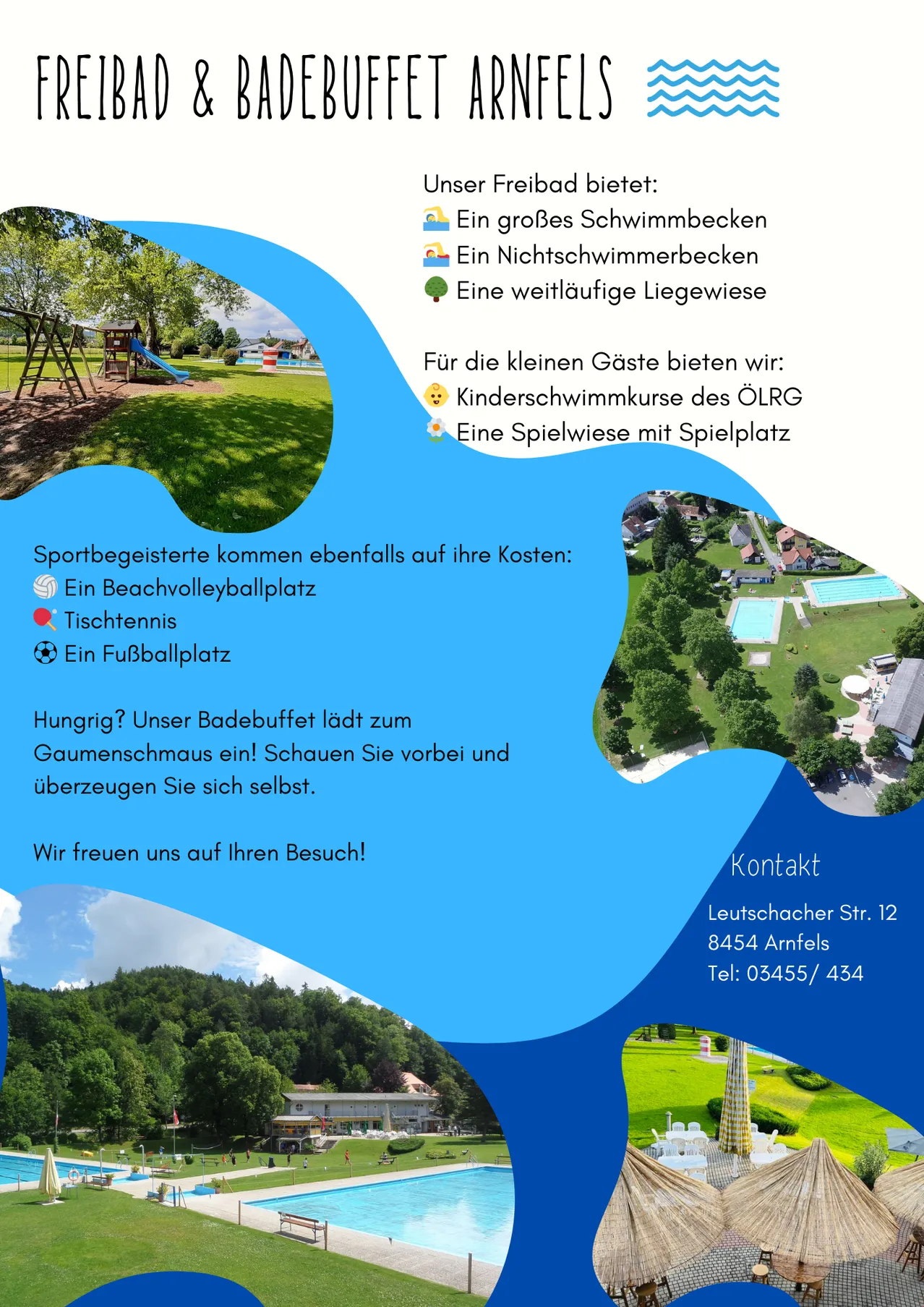 Das Bild zeigt einen Freizeitbereich mit Annehmlichkeiten wie einem großen Schwimmbecken, einem Nachtschwimmbecken und einer Liegewiese. Es bietet Kinderschwimmkurse, einen Spielplatz und Sportanlagen wie einen Beachvolleyballplatz, Tischtennis und einen Fußballplatz. Der Ort lädt Besucher ein, in seinem Speisebuffet zu essen.