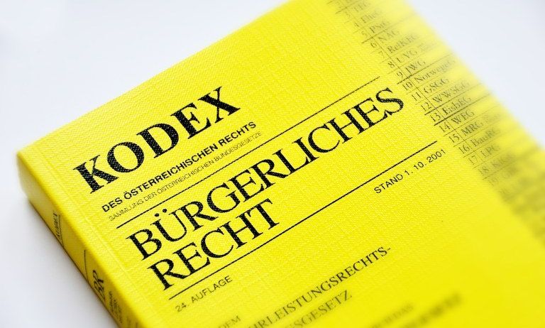 Gelbe Buchdecke des 'Kodex' mit deutschem Text, zeigt Rechtsvorschriften und Gesetze.