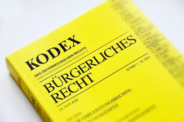 Gelbe Buchdecke des 'Kodex' mit deutschem Text, zeigt Rechtsvorschriften und Gesetze.