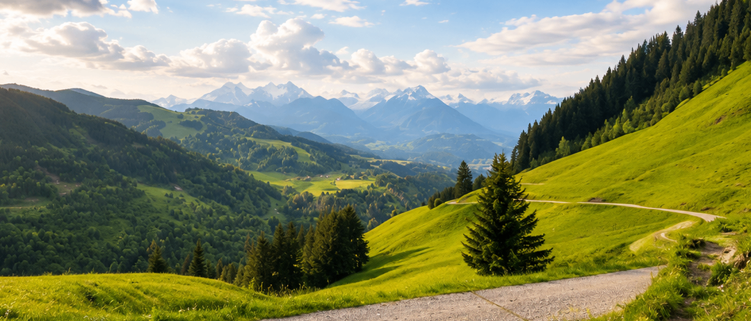 Ein malerischer Weg schlängelt sich durch ein üppiges grünes Tal mit majestätischen Bergen im Hintergrund unter einem bewölkten Himmel.