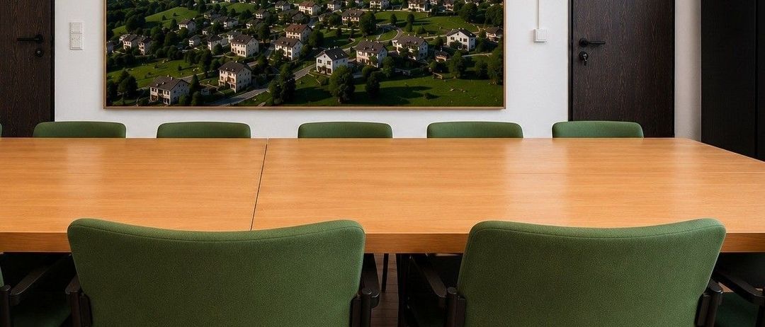 Ein Konferenzraum mit einem großen Landschaftsbild an der Wand, das ein Dorf umgeben von Bergen und Grün zeigt.
