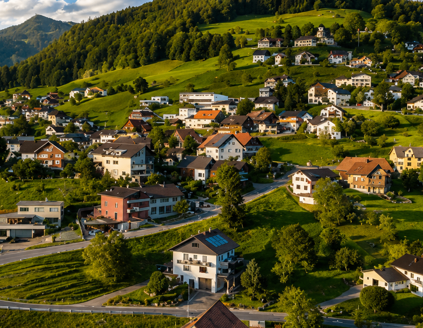 Luftaufnahme eines malerischen Dorfes in den österreichischen Alpen, umgeben von üppigen grünen Hügeln und Bergen.