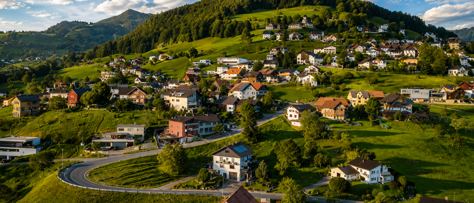 Luftaufnahme eines malerischen Dorfes in den österreichischen Alpen, umgeben von üppigen grünen Hügeln und Bergen.
