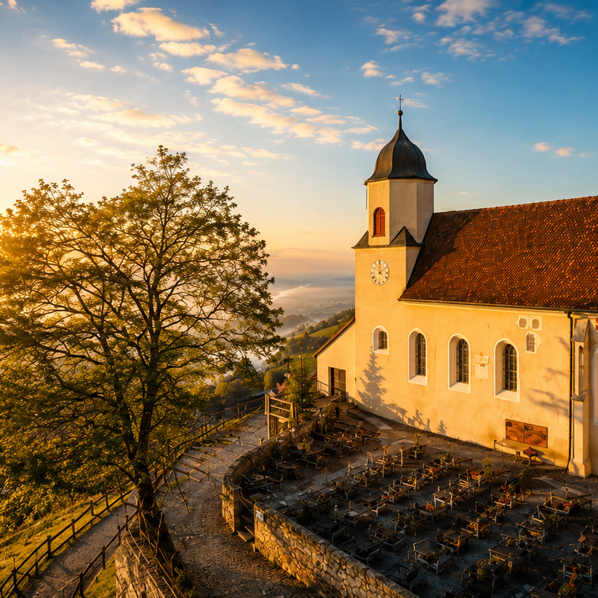 Eine kleine Kirche mit einem Turm und einer Uhr befindet sich auf einem Hügel, umgeben von einem Friedhof und einem großen Baum. Der Himmel ist blau mit Wolken.