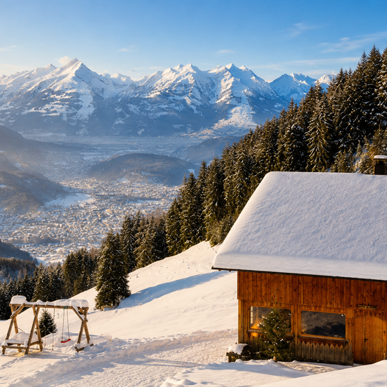 Ein schneebedecktes Holzhaus mit einem Schaukelset im Vordergrund, umgeben von Tannen und Bergen im Hintergrund.