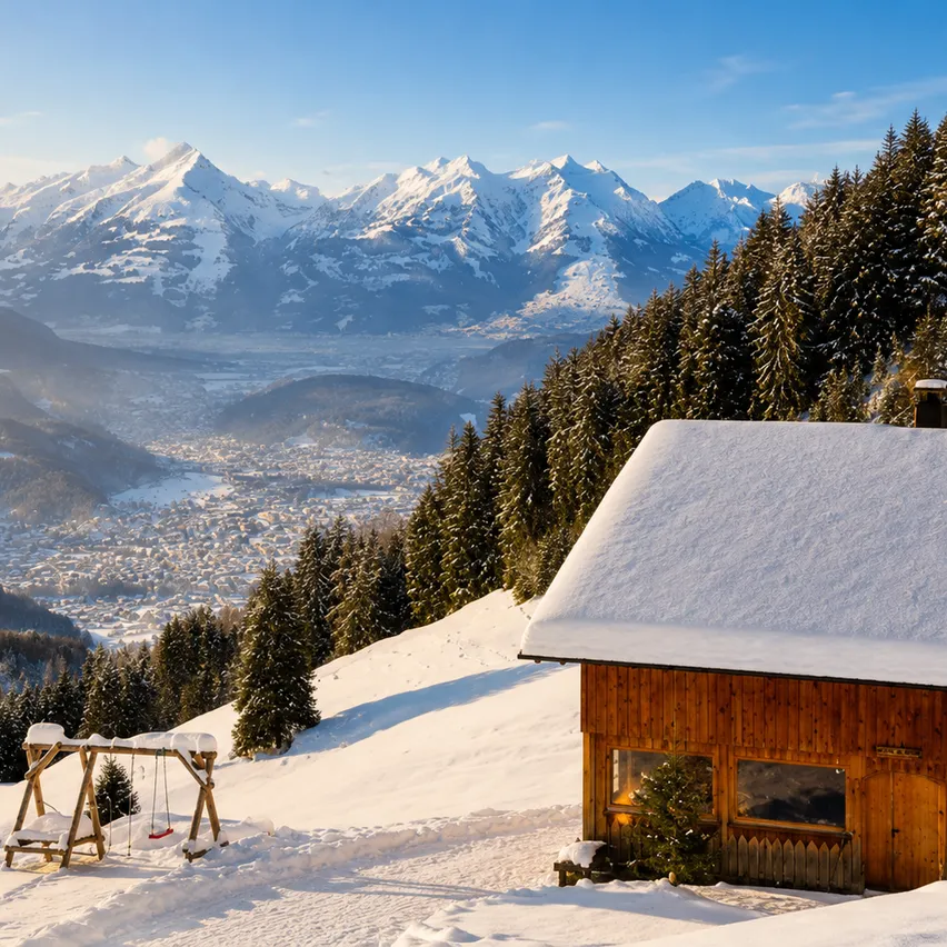 Ein schneebedecktes Holzhaus mit einem Schaukelset im Vordergrund, umgeben von Tannen und Bergen im Hintergrund.