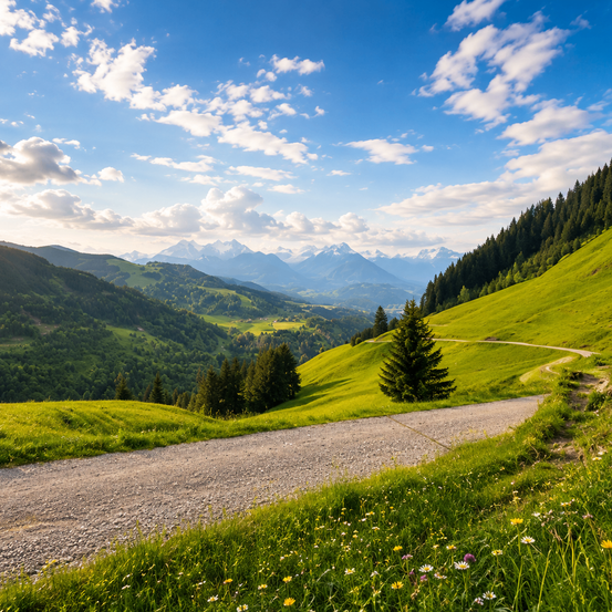 Eine malerische Bergstraße mit üppigen grünen Hügeln, einem klaren blauen Himmel und entfernten Bergen.