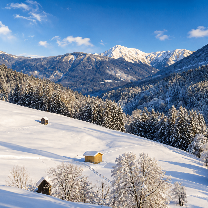 Eine friedliche Winterlandschaft mit schneebedeckten Bergen, Kiefern und kleinen Holzhütten auf einem Hügel unter einem blauen Himmel mit verstreuten Wolken.