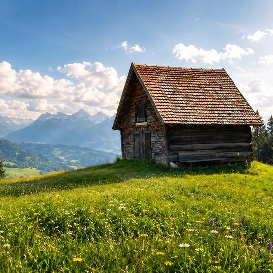 Eine rustikale Holzhütte mit einem roten Ziegeldach steht auf einem grasbewachsenen Hügel, umgeben von Wildblumen und einer malerischen Bergkette im Hintergrund.