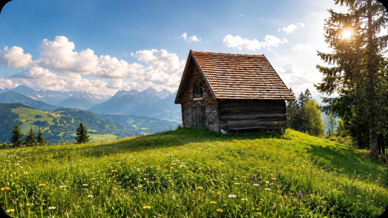 Eine rustikale Holzhütte mit einem roten Ziegeldach steht auf einem grasbewachsenen Hügel, umgeben von Wildblumen und einer malerischen Bergkette im Hintergrund.