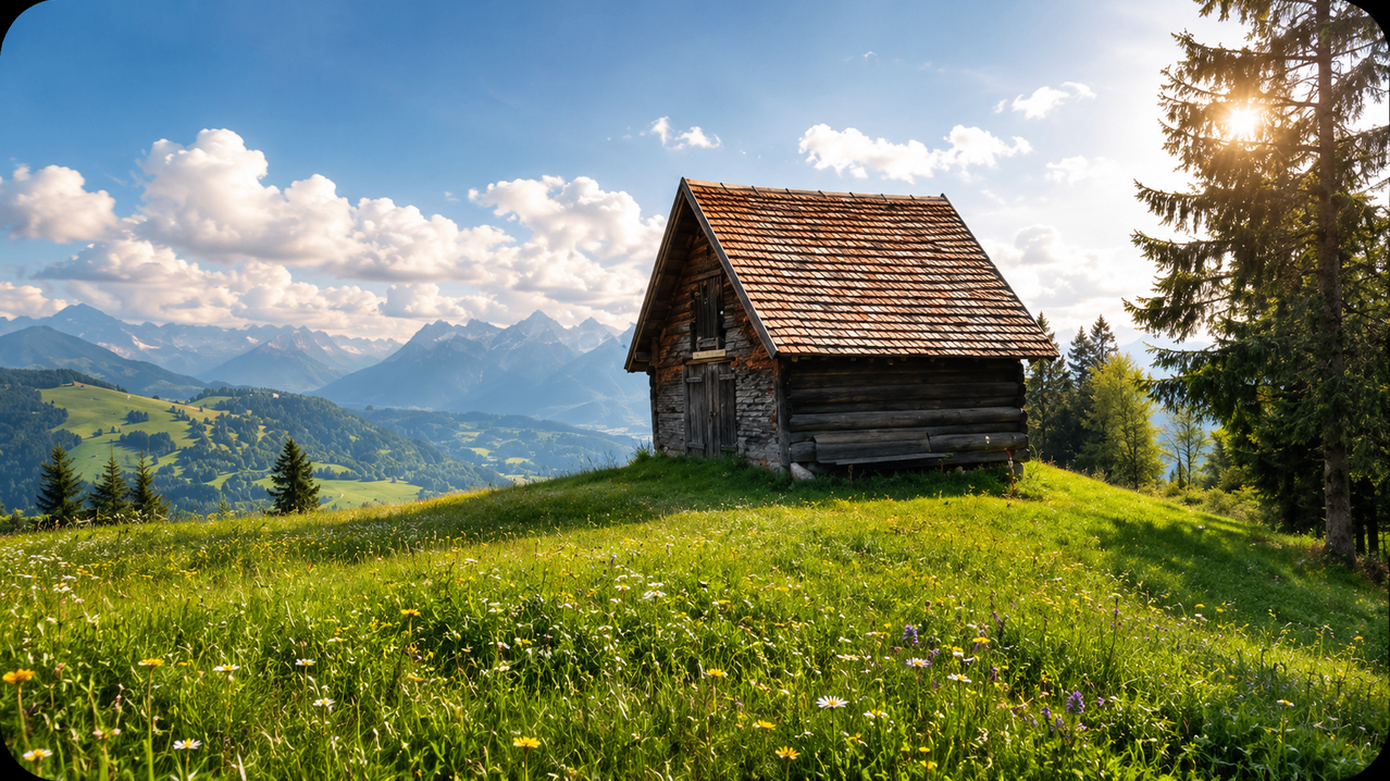 Eine rustikale Holzhütte mit einem roten Ziegeldach steht auf einem grasbewachsenen Hügel, umgeben von Wildblumen und einer malerischen Bergkette im Hintergrund.