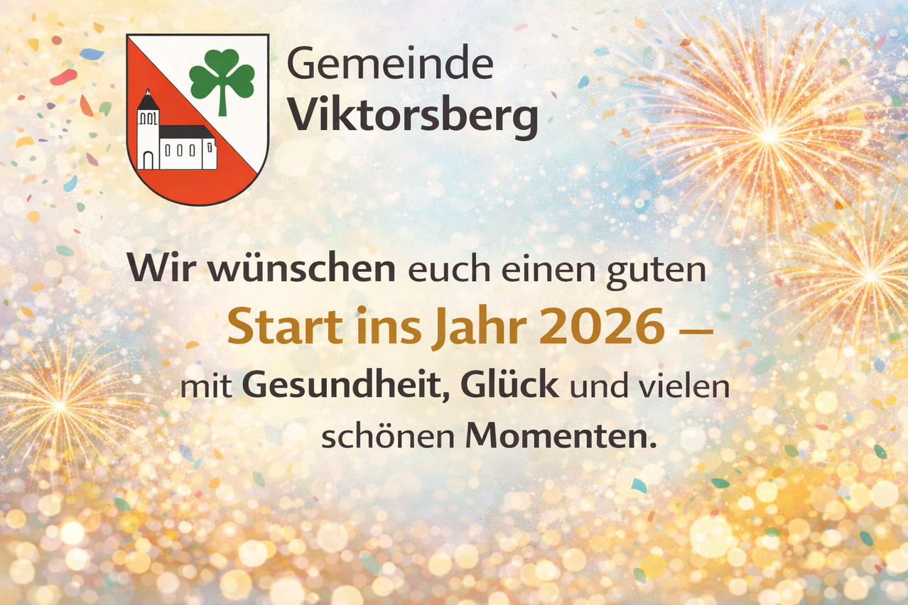 Postkarte mit dem Gemeindewappen von Viktorsberg, die einen guten Start ins Jahr 2026 mit Gesundheit, Glück und vielen schönen Momenten wünscht.