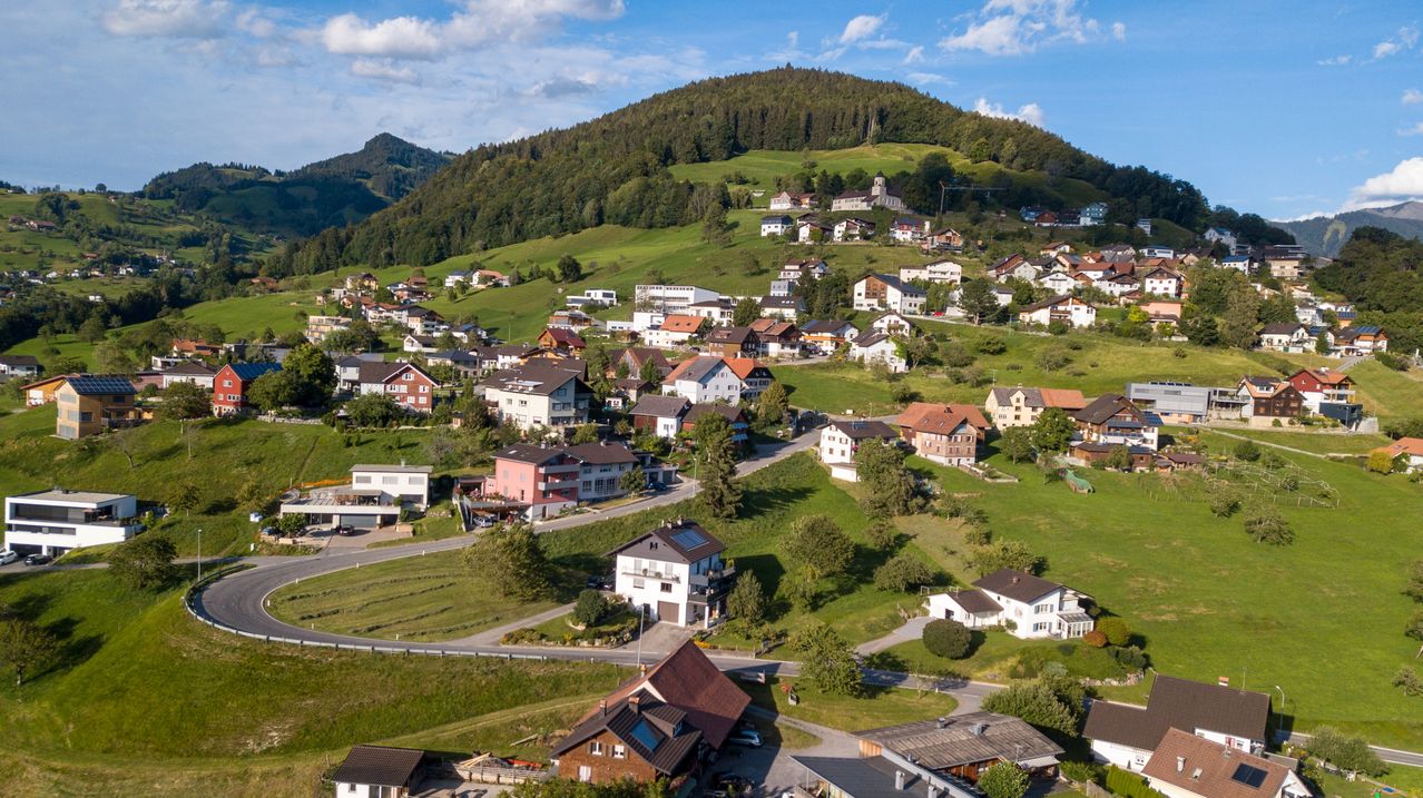 Luftaufnahme eines Dorfes in den österreichischen Alpen. Häuser in verschiedenen Farben sind über einen Hügel mit üppigen grünen Wiesen verstreut. Ein Berg im Hintergrund ist mit Bäumen bedeckt.