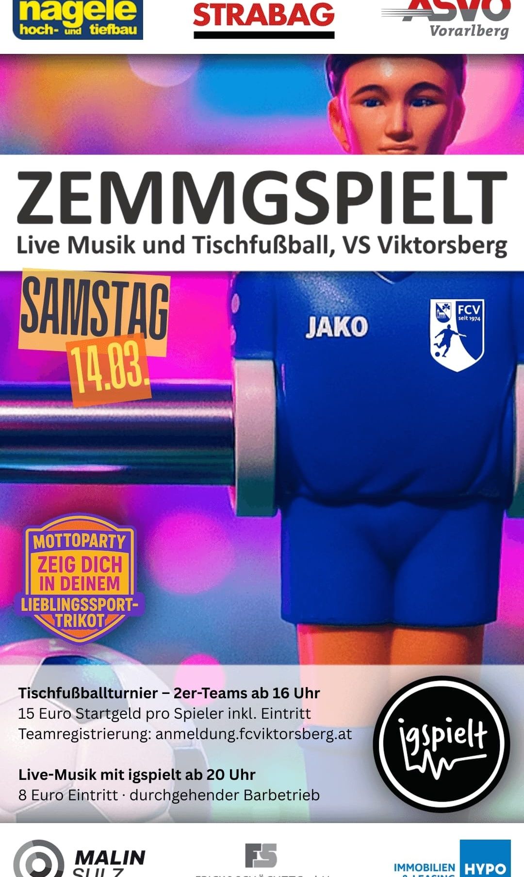 Werbeposter für ein Tischfußballturnier am Samstag. Es zeigt einen Spieler in einem blauen Trikot mit dem Logo Jako und FCV. Die Veranstaltung beinhaltet Live-Musik.