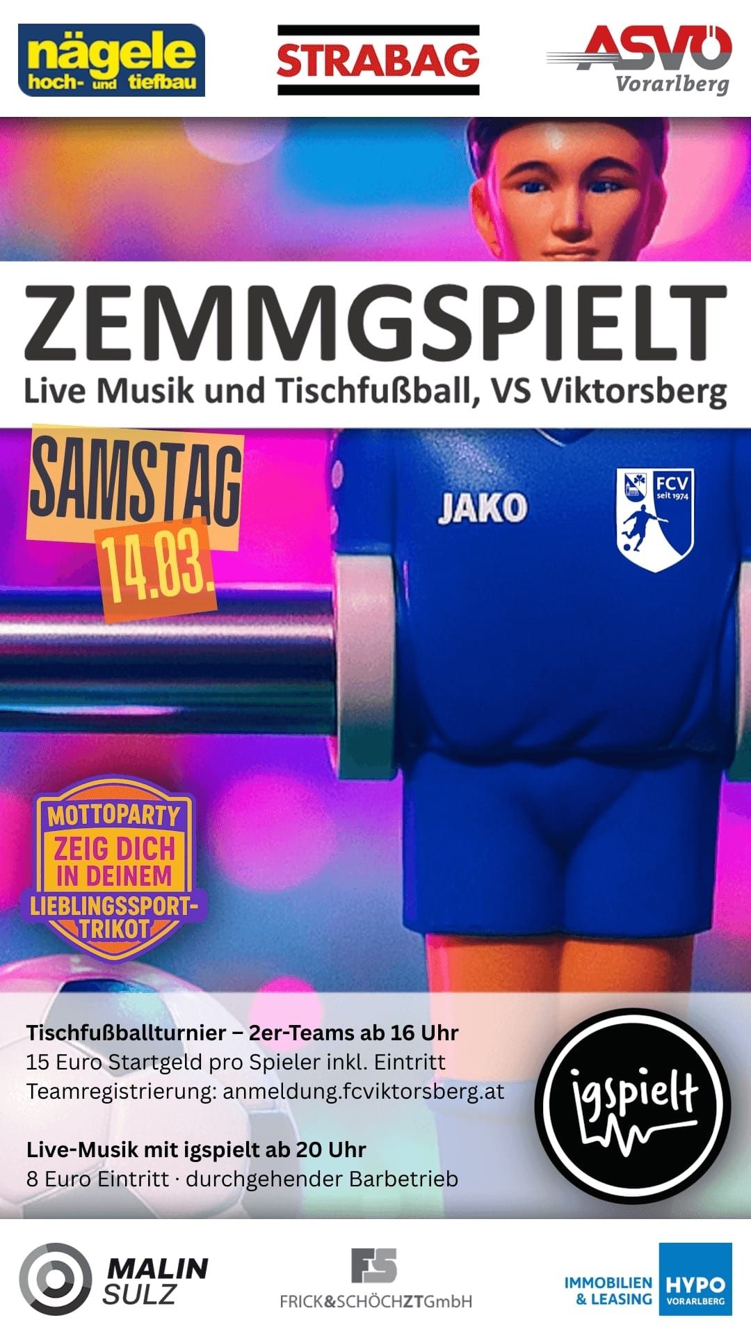 Werbeposter für ein Tischfußballturnier am Samstag. Es zeigt einen Spieler in einem blauen Trikot mit dem Logo Jako und FCV. Die Veranstaltung beinhaltet Live-Musik.