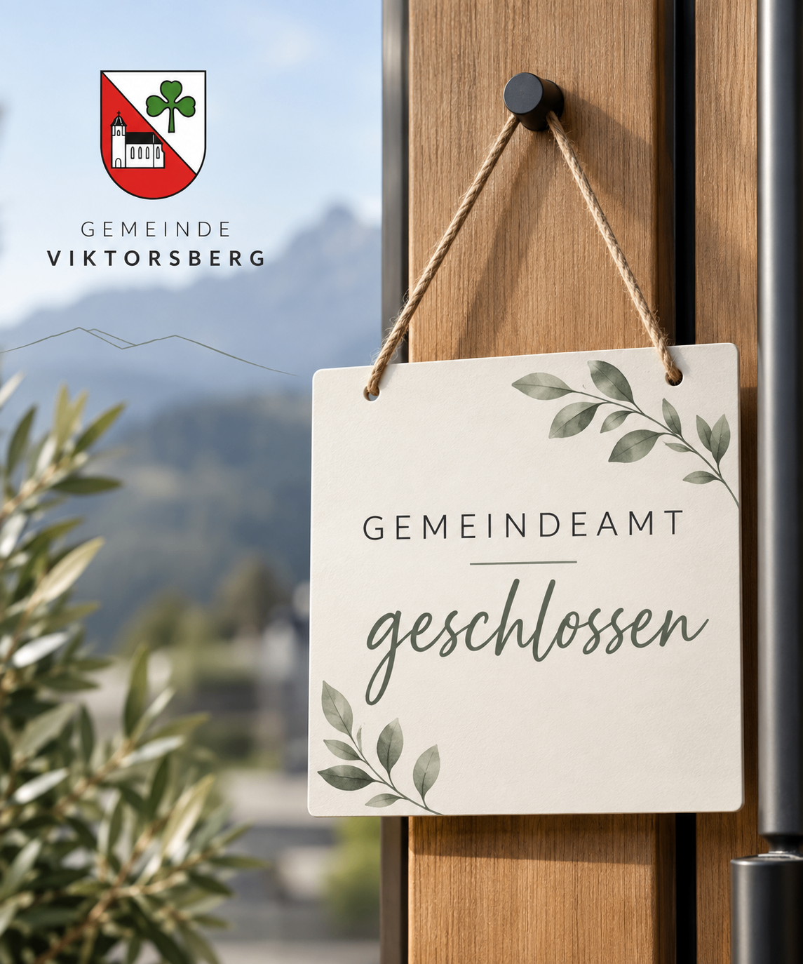 Ein Schild mit der Aufschrift 'Gemeindeamt geschlossen' hängt an einer Tür mit einem Seil. Das Schild hat ein grünes Blattdesign und ist vor einem Hintergrund von Bergen und Grün.