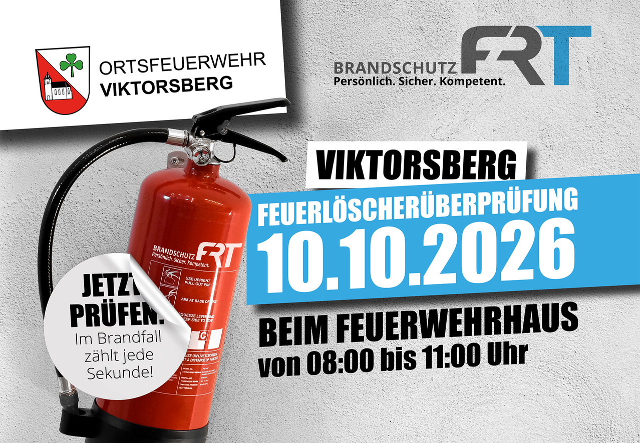 Ein roter Feuerlöscher mit einem Etikett, das eine Brandschutzinspektion am 10.10.2020 anzeigt. Das Etikett erwähnt auch die Marke Viktorsberg und die Zeit von 8:00 bis 11:00 Uhr.