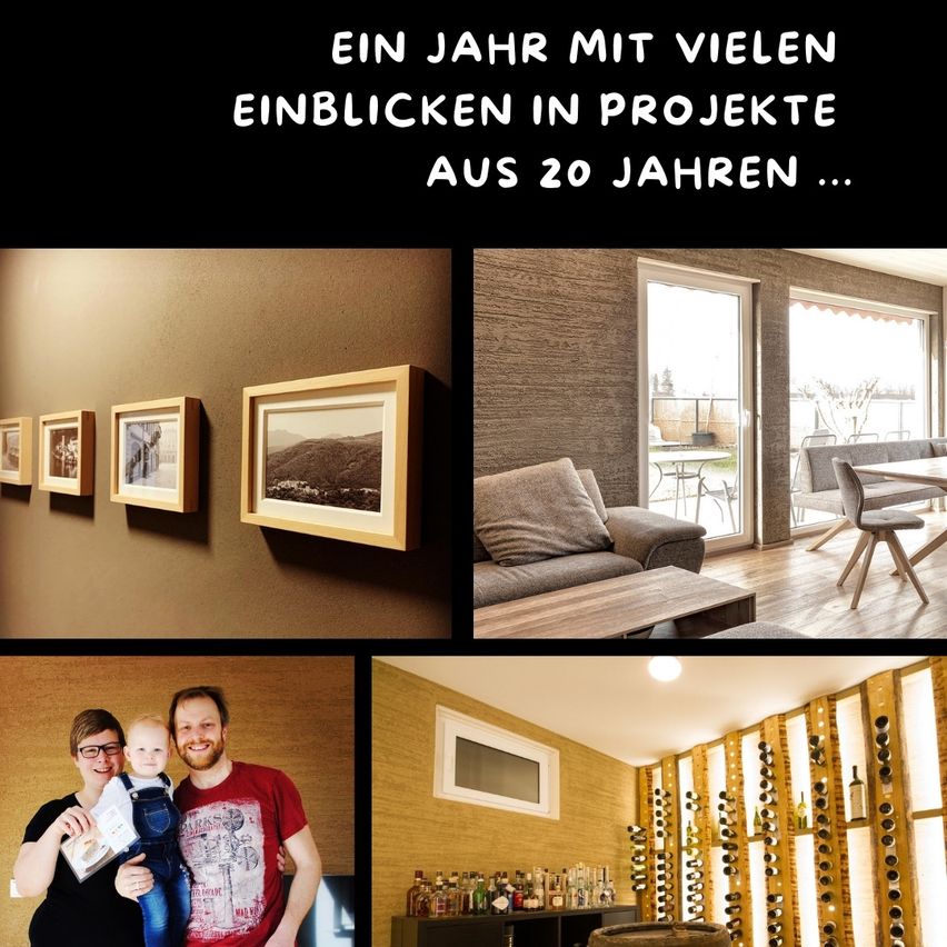 A collage of images: a wall with framed pictures, a living room with a couch and a window, a family with a baby, and a wine cellar.