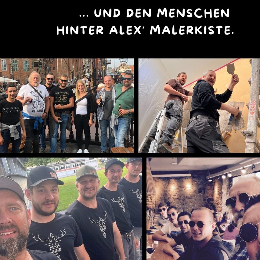 A collage of images shows people in various settings. First, a group stands in front of a building with a mural. Next, two men work on a wall. Then, a group of men in hats stand together. Lastly, a group of people, some wearing sunglasses, gather inside a bar.