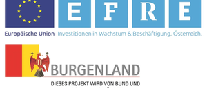 Das Bild zeigt die Logos der Europäischen Union und Burgenland. Die Flagge der Europäischen Union hat zwölf Sterne im Kreis. Unten steht 'Investitionen in Wachstum & Beschäftigung. Österreich.' Rechts sind vier Buchstaben: E, F, R, E. Unten zeigt das Burgenland-Logo zwei Figuren und den Text 'Dieses Projekt wird von Bund und Land Burgenland gefördert.'