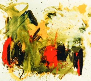 Ein abstraktes Gemälde mit lebhaften roten, grünen und gelben Strichen. Schwarze Akzente verleihen Kontrast. Die Komposition ist dynamisch und chaotisch, mit einer Mischung aus dicken und dünnen Linien.