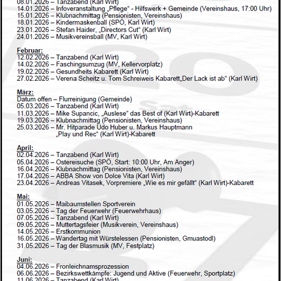 Veranstaltungsliste: 27.12.2025 - Silvester (MV). Januar 8, 2026 - Tanzabend (Karl Wirt). Februar 12, 2026 - Tanzabend (Karl Wirt).
