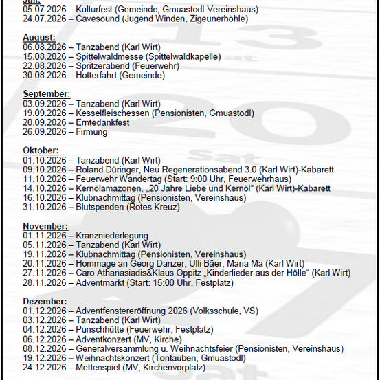 Das Bild zeigt einen Zeitplan mit Veranstaltungen für die Monate Juli bis Dezember, mit verschiedenen Aktivitäten für jeden Monat aufgelistet. Zu den Veranstaltungen gehören Feste, Treffen und Aufführungen. Der Zeitplan ist nach Monat und Datum organisiert.