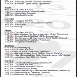 Das Bild zeigt einen Zeitplan mit Veranstaltungen für die Monate Juli bis Dezember, mit verschiedenen Aktivitäten für jeden Monat aufgelistet. Zu den Veranstaltungen gehören Feste, Treffen und Aufführungen. Der Zeitplan ist nach Monat und Datum organisiert.