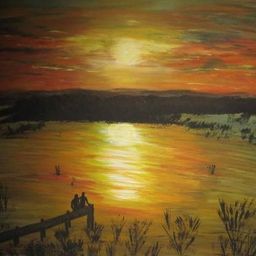 Ein Sonnenuntergangsgemälde zeigt zwei Menschen, die auf einem Dock am See sitzen, umgeben von einem warmen, leuchtenden Himmel.