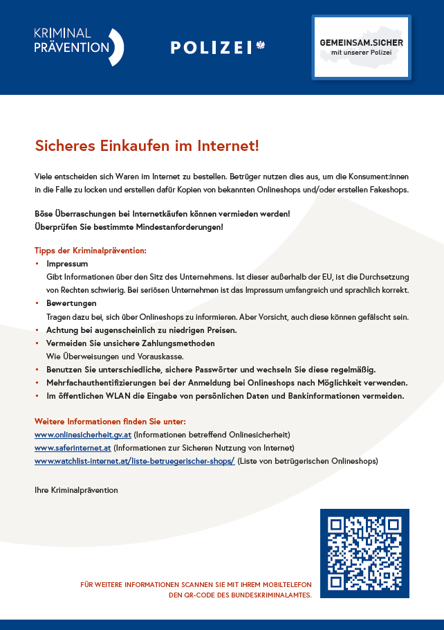 Ein Dokument mit dem Titel 'Sicheres Einkaufen im Internet!' bietet Informationen zum Vermeiden von Betrug beim Online-Shopping. Es empfiehlt, den Standort des Unternehmens zu überprüfen, Bewertungen zu lesen, unsichere Zahlungsmethoden zu vermeiden, verschiedene sichere Passwörter zu verwenden und keine persönlichen Daten im öffentlichen WLAN einzugeben.