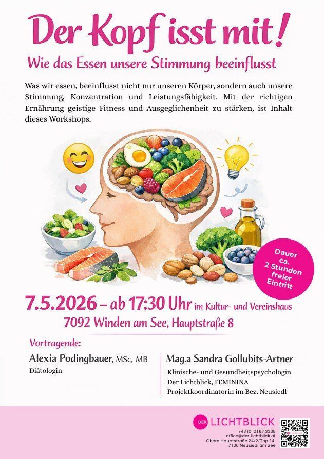 Plakat für ein Workshop über die Auswirkungen von Ernährung auf Stimmung, Konzentration und Leistung. Enthält ein Gehirn mit Essen, Datum, Uhrzeit und Referenten.