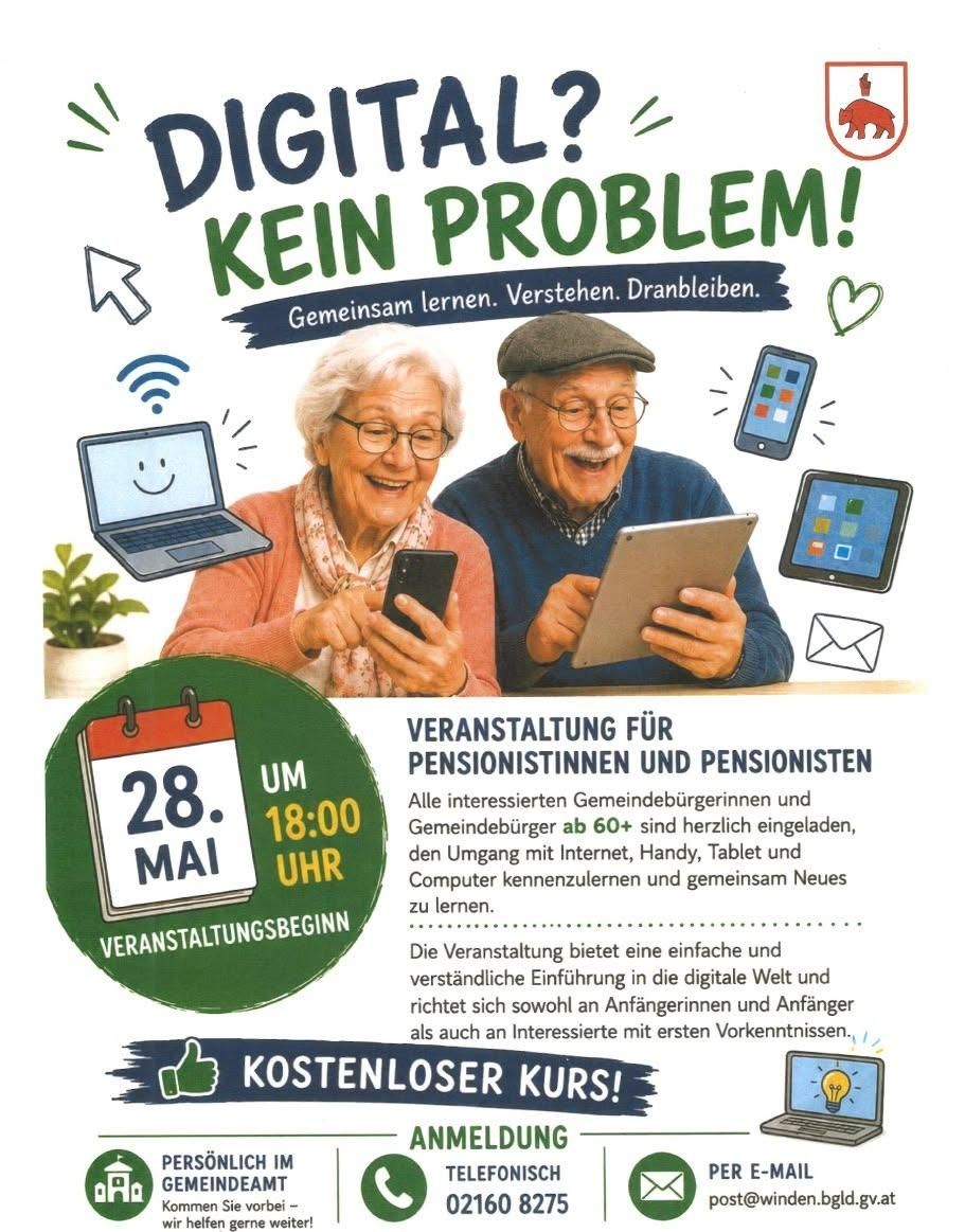 Ein Plakat für einen digitalen Kurs. Es zeigt zwei ältere Menschen, die ein Tablet und ein Smartphone benutzen. Es steht Digital: Kein Problem! Das Datum ist 28. Mai um 18:00 Uhr.