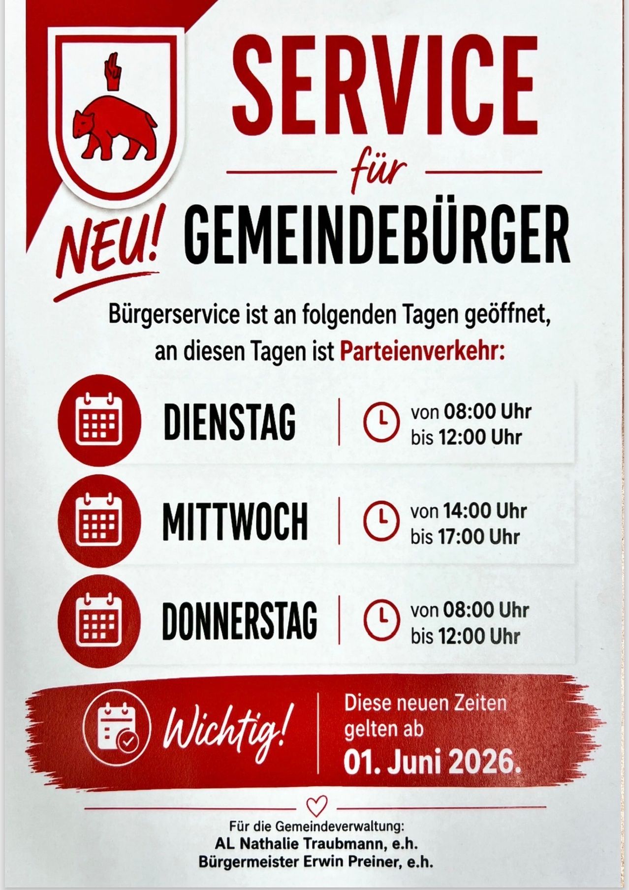 Neue Öffnungszeiten für den Burgerservice ab bestimmten Tagen. Parteiverkehr an diesen Tagen. Dienstag von 8:00 bis 12:00, Mittwoch von 14:00 bis 17:00, Donnerstag von 8:00 bis 12:00. Wichtig! Neue Zeiten ab 01. Juni 2026.