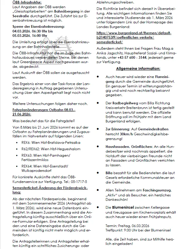 Dokument zeigt Details zur Schließung der Eisenbahnkreuzung, spezifiziert Datum und Uhrzeit und weist auf die Notwendigkeit weiterer Untersuchungen des Asphaltabschnitts hin. Es informiert auch über den Fahrplanwechsel für den Ostbahn am 8. März 2024 und den bevorstehenden Bewerbungszeitraum für Semestertickets ab 1. März 2026.