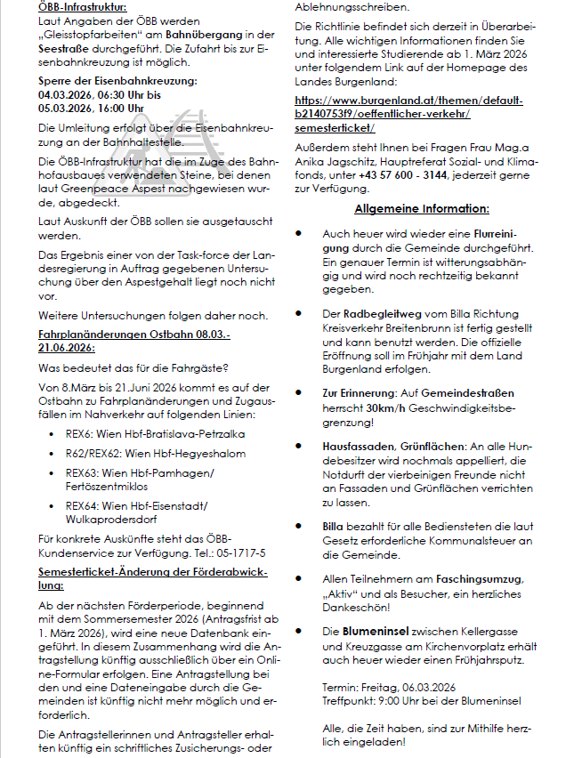 Dokument zeigt Details zur Schließung der Eisenbahnkreuzung, spezifiziert Datum und Uhrzeit und weist auf die Notwendigkeit weiterer Untersuchungen des Asphaltabschnitts hin. Es informiert auch über den Fahrplanwechsel für den Ostbahn am 8. März 2024 und den bevorstehenden Bewerbungszeitraum für Semestertickets ab 1. März 2026.