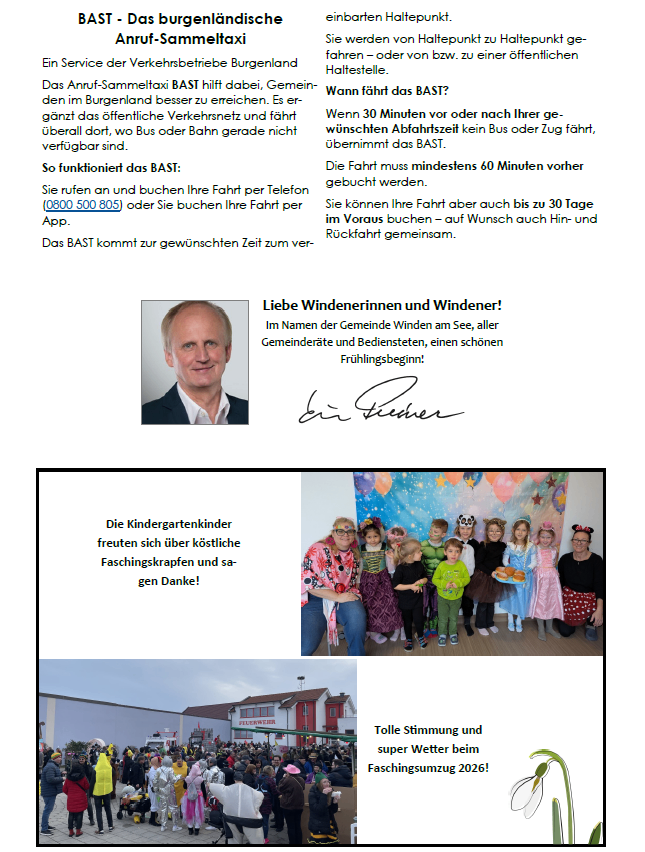 Das Dokument bewirbt einen Taxiservice in Burgenland. Es hebt die Verfügbarkeit des Dienstes 30 Minuten vor oder nach der gewünschten Zeit hervor, mit einer 60-Minuten-Vorbuchungsanforderung. Es enthält auch ein Bild eines Mannes, vermutlich ein Vertreter, und ein Foto von Kindern in Kostümen mit einem festlichen Hintergrund.