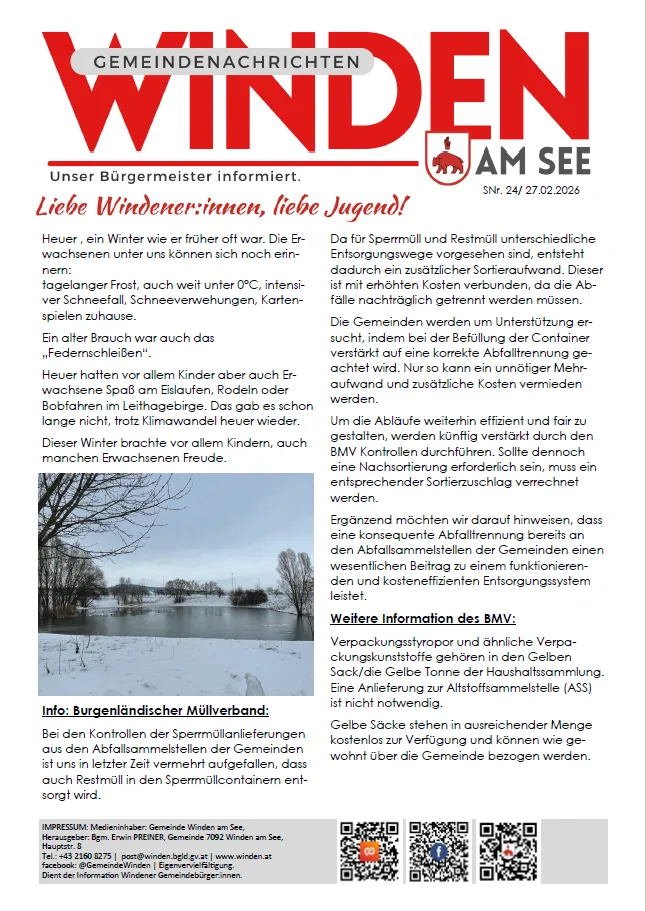 Das Bild zeigt einen Artikel aus einem Gemeinde-Newsletter in deutscher Sprache. Es diskutiert die korrekte Entsorgung von Abfällen und betont die Notwendigkeit separater Container für Wertstoffe und nicht recycelbare Abfälle, um Kontamination zu vermeiden. Es erwähnt die Bedeutung der Sortierung und die Möglichkeit zukünftiger Effizienz in der Abfallwirtschaft.