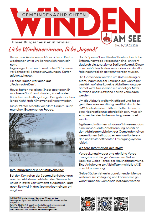 Das Bild zeigt einen Artikel aus einem Gemeinde-Newsletter in deutscher Sprache. Es diskutiert die korrekte Entsorgung von Abfällen und betont die Notwendigkeit separater Container für Wertstoffe und nicht recycelbare Abfälle, um Kontamination zu vermeiden. Es erwähnt die Bedeutung der Sortierung und die Möglichkeit zukünftiger Effizienz in der Abfallwirtschaft.