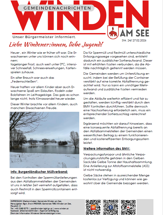 Das Bild zeigt einen Artikel aus einem Gemeinde-Newsletter in deutscher Sprache. Es diskutiert die korrekte Entsorgung von Abfällen und betont die Notwendigkeit separater Container für Wertstoffe und nicht recycelbare Abfälle, um Kontamination zu vermeiden. Es erwähnt die Bedeutung der Sortierung und die Möglichkeit zukünftiger Effizienz in der Abfallwirtschaft.