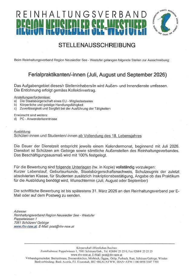 Dieses Bild ist eine Stellenausschreibung für Praktikumsplätze für Juli, August und September 2026. Es wird angegeben, dass das Praktikum im Innenbereich stattfinden wird, mit Vergütung nach Tarifvertrag. Zu den Anforderungen gehören EU-Staatsangehörigkeit, abgeschlossene Sekundarschulbildung, körperliche und geistige Eignung und IT-Kenntnisse. Zusätzliche Anforderungen sind PC-Kenntnisse und Bereitschaft zur Reise. Bewerbungen sind für Schüler über 18 Jahren offen. Die Praktikumsdauer beträgt einen Kalendermonat, beginnend mit Juli 2026. Es muss innerhalb des gesamten Kalendermonats abgeschlossen werden. Bewerbungen sind bis zum 31. März 2026 möglich.