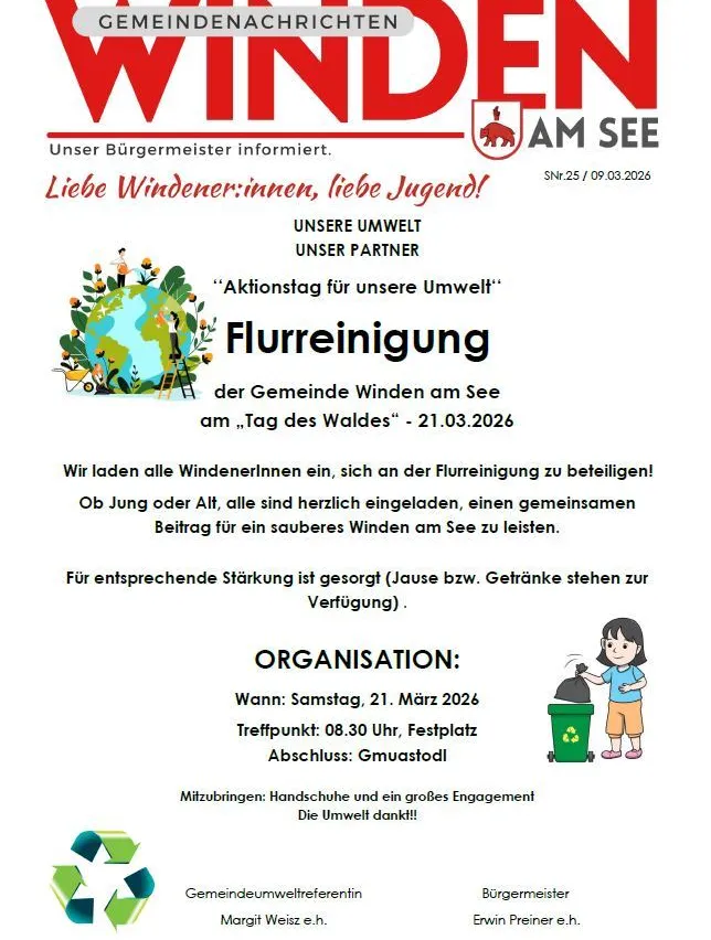 Plakat kündigt eine Gemeinschaftsreinigung in Winden am See am 21. März 2026 an. Es lädt alle Einwohner zur Teilnahme ein und betont die Bedeutung einer sauberen Umwelt. Erfrischungen werden bereitgestellt.