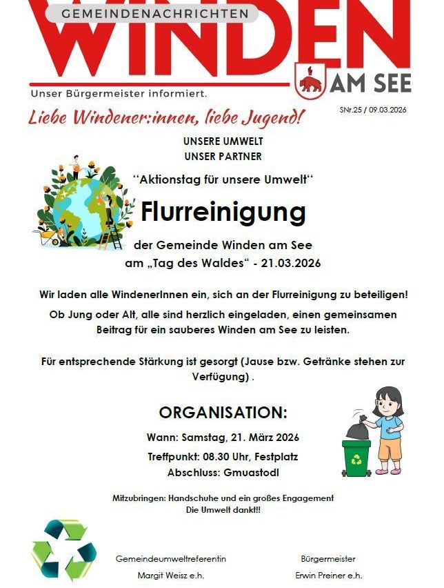 Plakat kündigt eine Gemeinschaftsreinigung in Winden am See am 21. März 2026 an. Es lädt alle Einwohner zur Teilnahme ein und betont die Bedeutung einer sauberen Umwelt. Erfrischungen werden bereitgestellt.