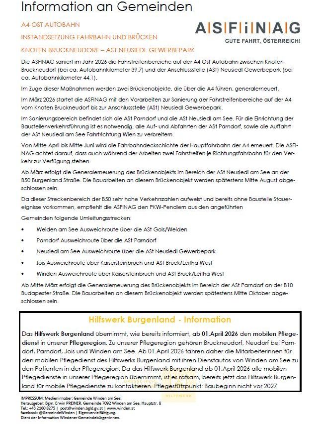 Die ASFINAG begann im Jahr 2026 mit der Instandsetzung der Fahrstreifenbereiche auf der A4 Ost Autobahn zwischen Knoten Bruckneudorf und der Anschlussstelle (ASt) Neusiedl Gewerbepark (bei ca. Autobahnkilometer 44.1). Im Zuge dieser Maßnahmen werden zwei Brückenobjekte, die über die A4 führen, generalsaniert.