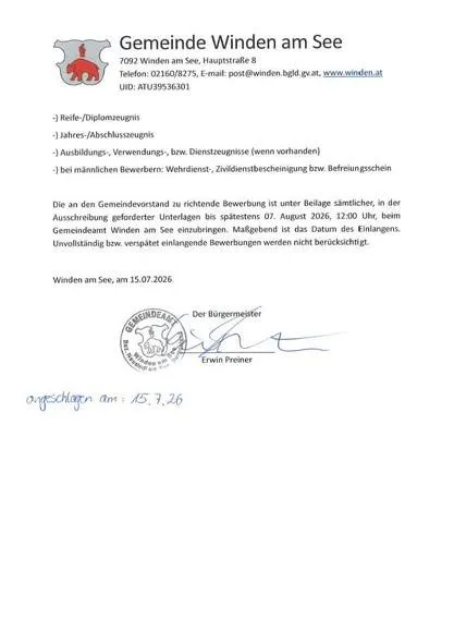 Amtlicher Brief der Gemeinde Winden am See, Österreich, datiert auf den 15. Juli 2026, bezüglich einer Bewerbungsfrist vom 7. August 2026, unterzeichnet vom Bürgermeister.
