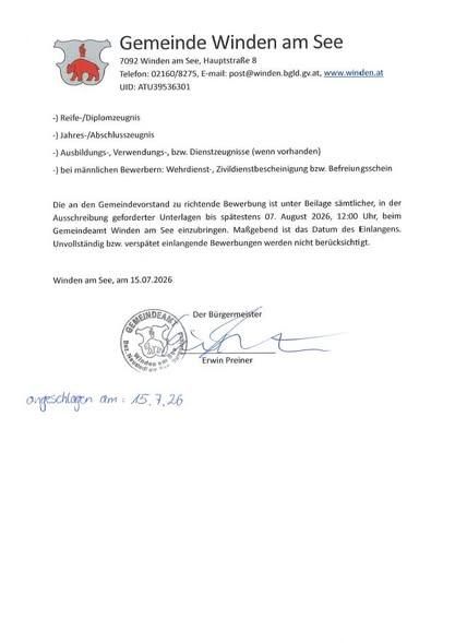Amtlicher Brief der Gemeinde Winden am See, Österreich, datiert auf den 15. Juli 2026, bezüglich einer Bewerbungsfrist vom 7. August 2026, unterzeichnet vom Bürgermeister.